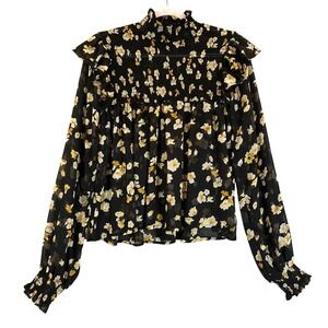 o.p.t‎ Black Dark Floral Ruffle Long Sleeve Smocked Mock Neck Blouse Sz M Sheer